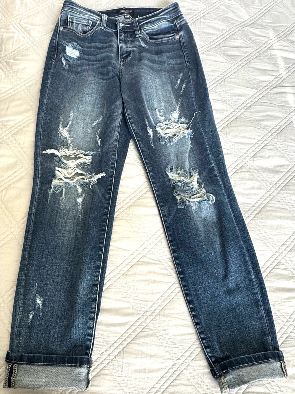 Stylish Cuffed Judy Blue Dark Blue Distressed Boyfriend Jeans
